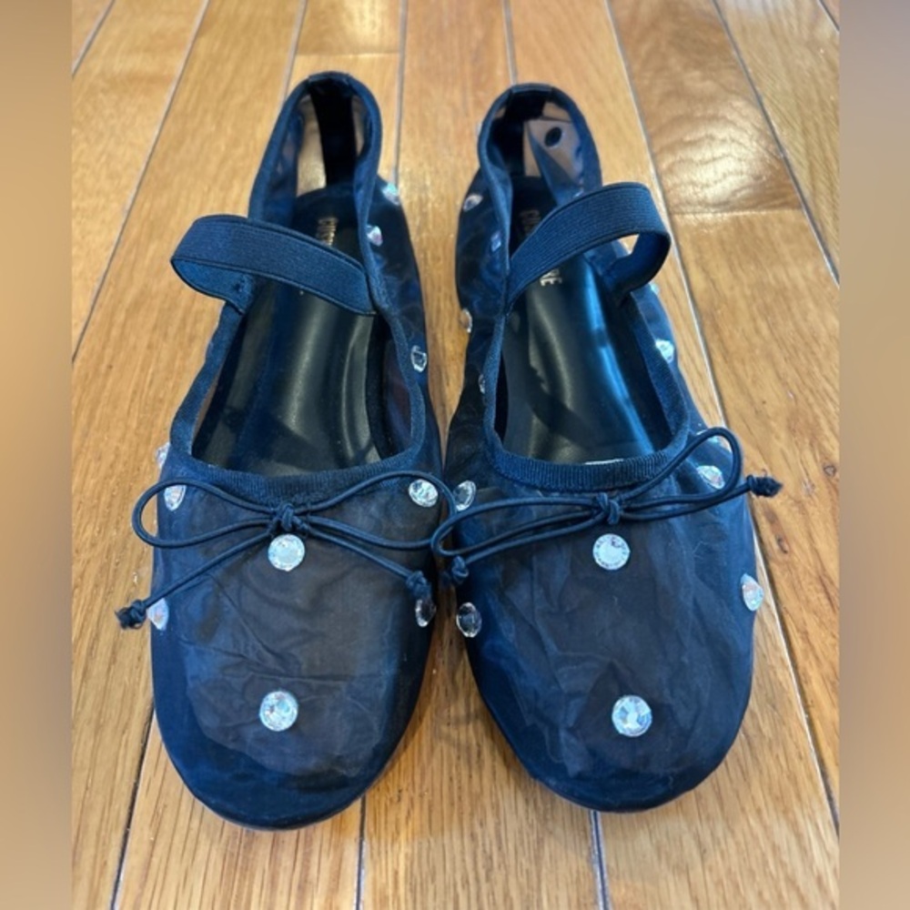Cushionaire Elegant Mary Jane Flat Shoes Black Mesh With Rhinestones Womens Sz 6